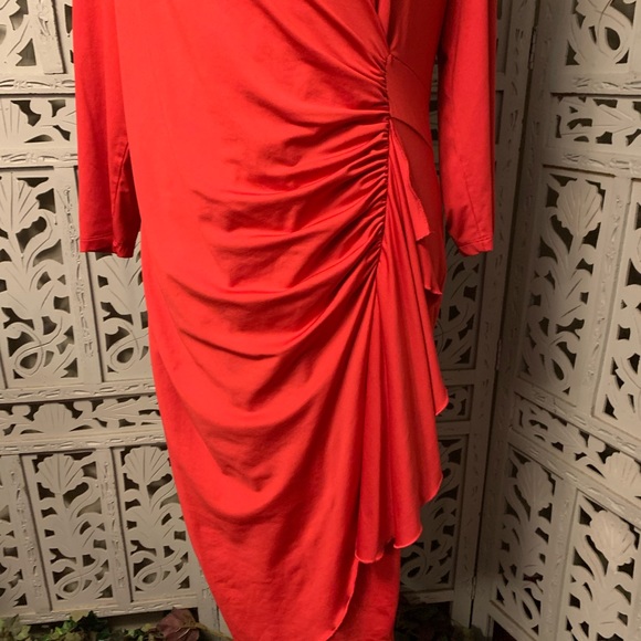 K JORDEN BRILLIANT RED ROUCHED & RUFFLED LONG SLEEVE STRETCHY MIDI DRESS - Picture 3 of 9